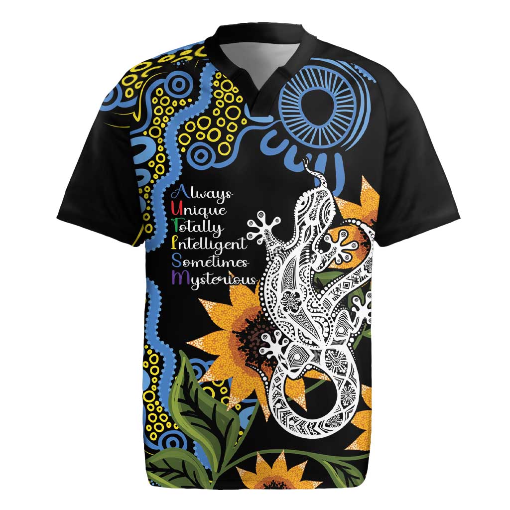 Australia Autism Awareness Rugby Jersey Brave Strong Aussie Lizard Aboriginal Art