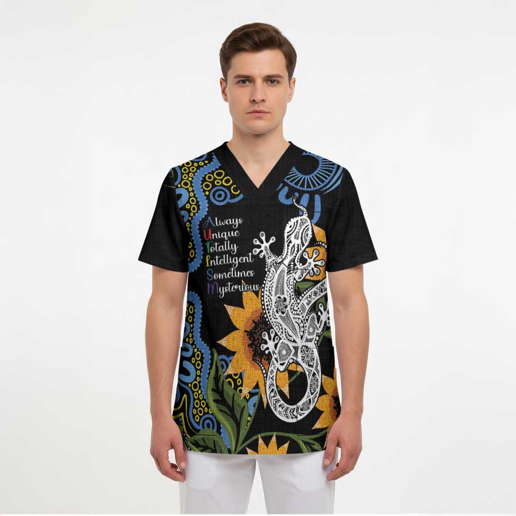 Australia Autism Awareness Scrub Top Brave Strong Aussie Lizard Aboriginal Art - Aussie Hoodie