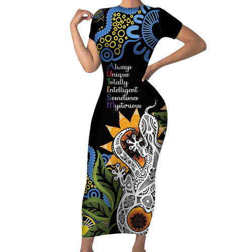 Australia Autism Awareness Short Sleeve Bodycon Dress Brave Strong Aussie Lizard Aboriginal Art