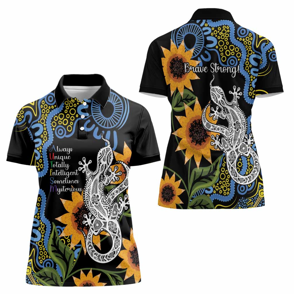 Australia Autism Awareness Women Polo Shirt Brave Strong Aussie Lizard Aboriginal Art