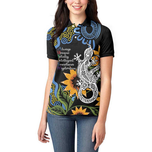Australia Autism Awareness Women Polo Shirt Brave Strong Aussie Lizard Aboriginal Art