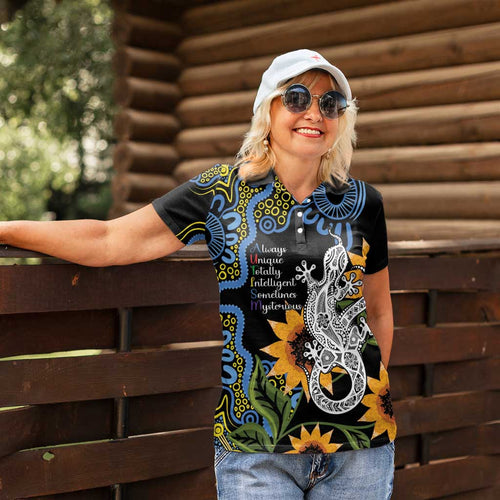 Australia Autism Awareness Women Polo Shirt Brave Strong Aussie Lizard Aboriginal Art