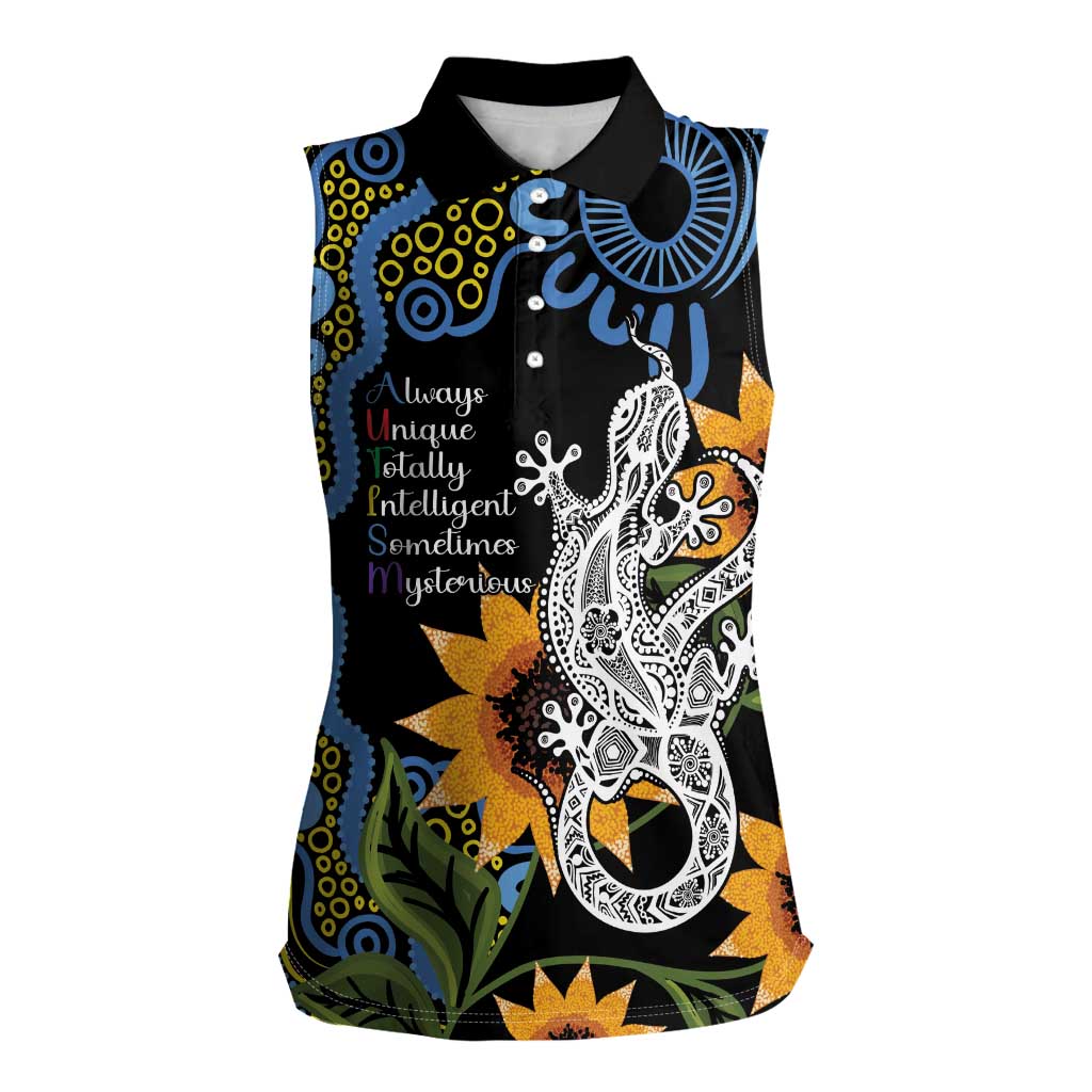 Australia Autism Awareness Women Sleeveless Polo Shirt Brave Strong Aussie Lizard Aboriginal Art