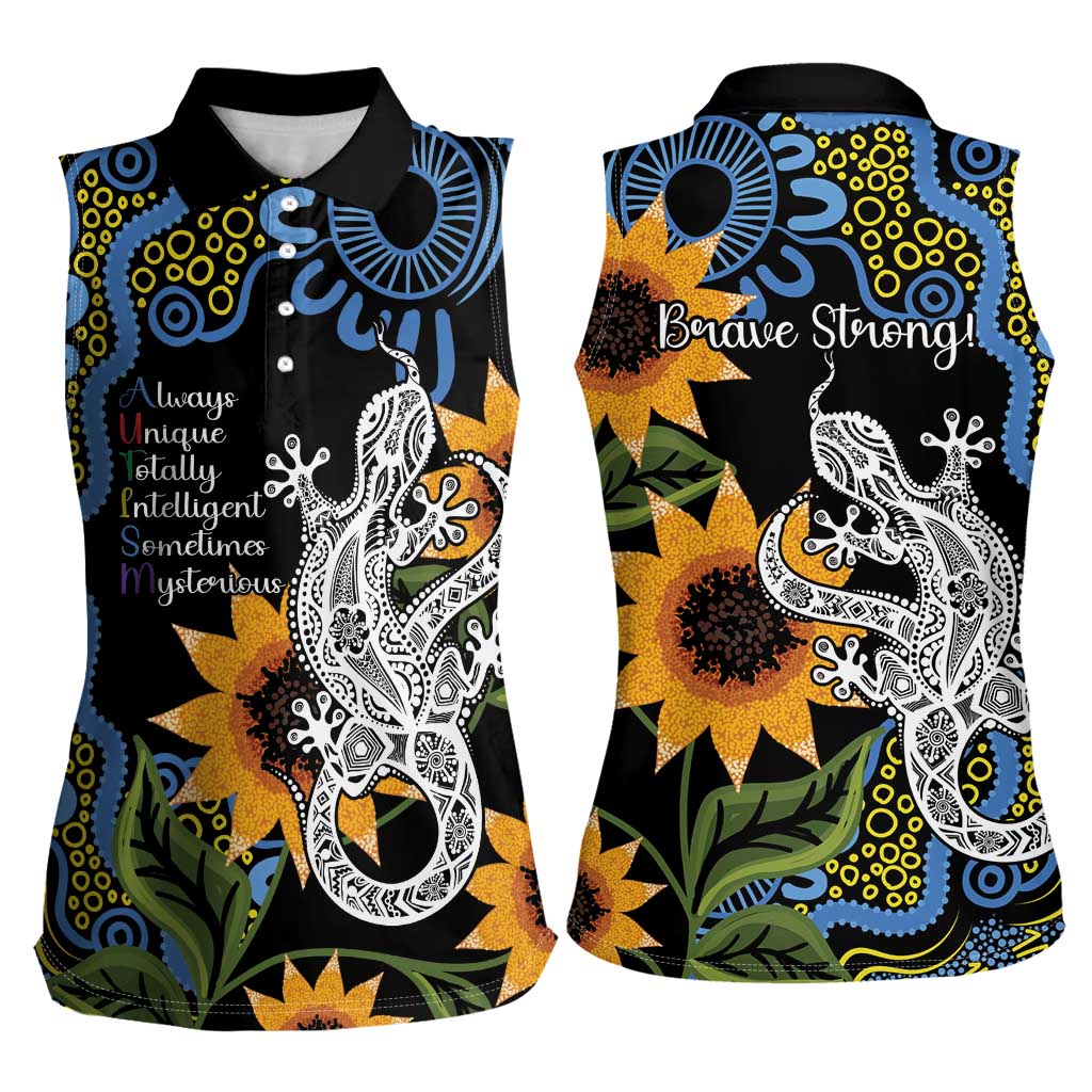 Australia Autism Awareness Women Sleeveless Polo Shirt Brave Strong Aussie Lizard Aboriginal Art