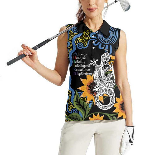 Australia Autism Awareness Women Sleeveless Polo Shirt Brave Strong Aussie Lizard Aboriginal Art