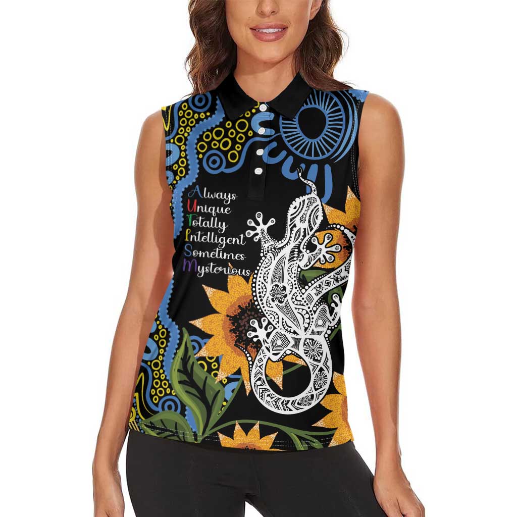 Australia Autism Awareness Women Sleeveless Polo Shirt Brave Strong Aussie Lizard Aboriginal Art