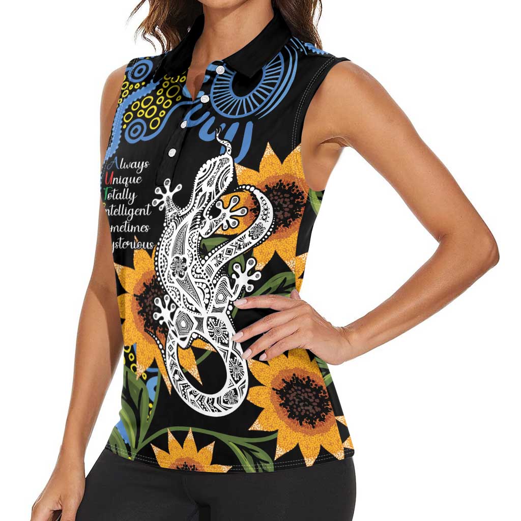 Australia Autism Awareness Women Sleeveless Polo Shirt Brave Strong Aussie Lizard Aboriginal Art