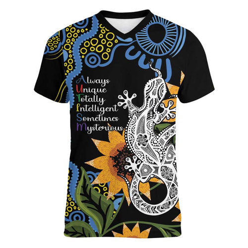 Australia Autism Awareness Women V-Neck T-Shirt Brave Strong Aussie Lizard Aboriginal Art