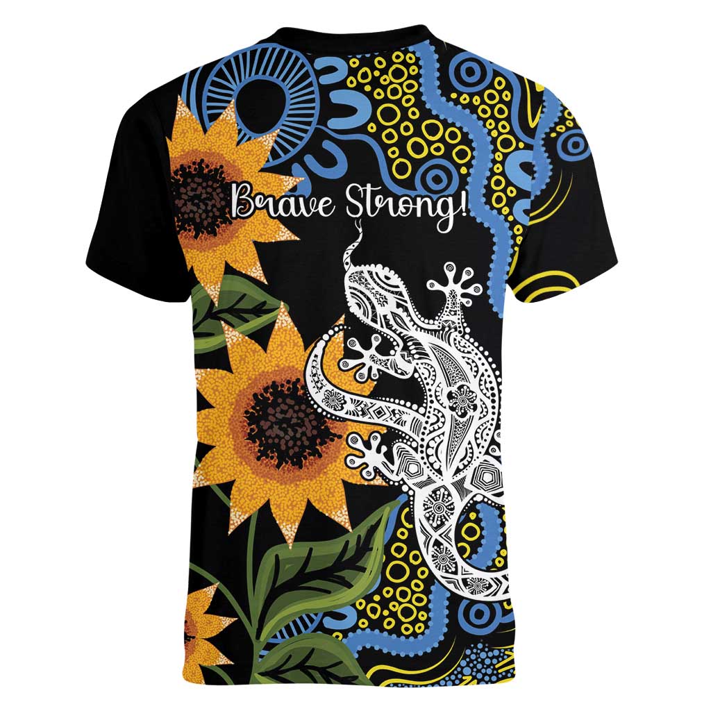 Australia Autism Awareness Women V-Neck T-Shirt Brave Strong Aussie Lizard Aboriginal Art