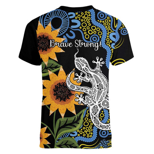 Australia Autism Awareness Women V-Neck T-Shirt Brave Strong Aussie Lizard Aboriginal Art