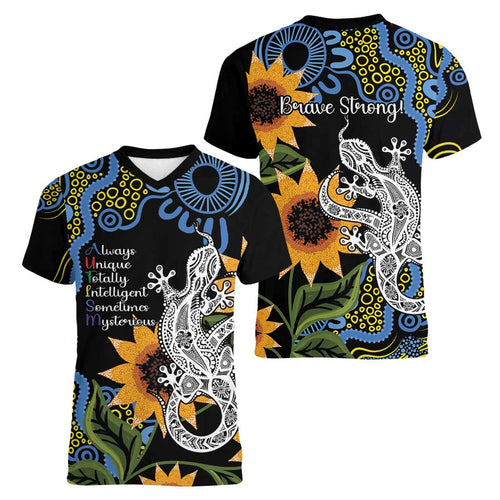 Australia Autism Awareness Women V-Neck T-Shirt Brave Strong Aussie Lizard Aboriginal Art