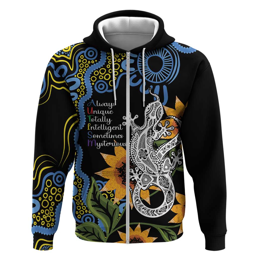 Australia Autism Awareness Zip Hoodie Brave Strong Aussie Lizard Aboriginal Art