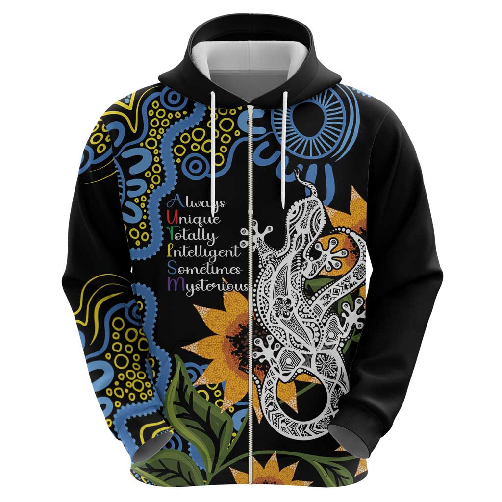 Australia Autism Awareness Zip Hoodie Brave Strong Aussie Lizard Aboriginal Art