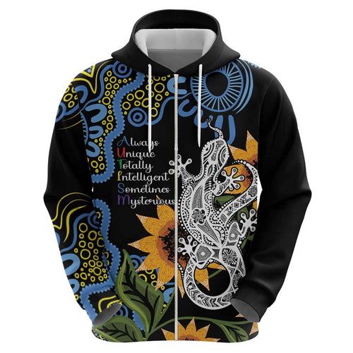 Australia Autism Awareness Zip Hoodie Brave Strong Aussie Lizard Aboriginal Art