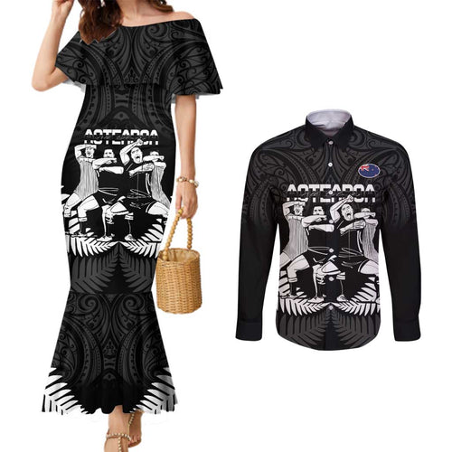 New Zealand Silver Fern Rugby Couples Matching Mermaid Dress and Long Sleeve Button Shirt Haka Dance With Aotearoa Maori Pattern