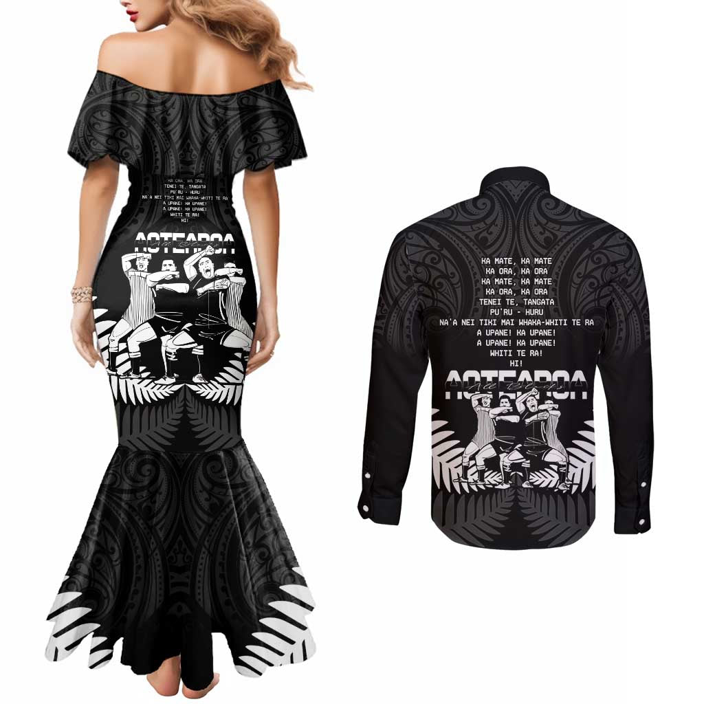 New Zealand Silver Fern Rugby Couples Matching Mermaid Dress and Long Sleeve Button Shirt Haka Dance With Aotearoa Maori Pattern