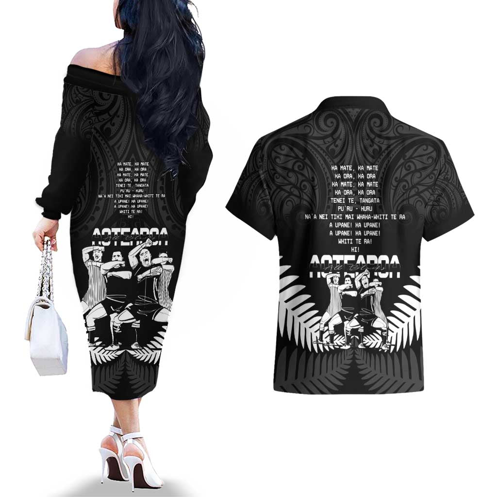 New Zealand Silver Fern Rugby Couples Matching Off The Shoulder Long Sleeve Dress and Hawaiian Shirt Haka Dance With Aotearoa Maori Pattern