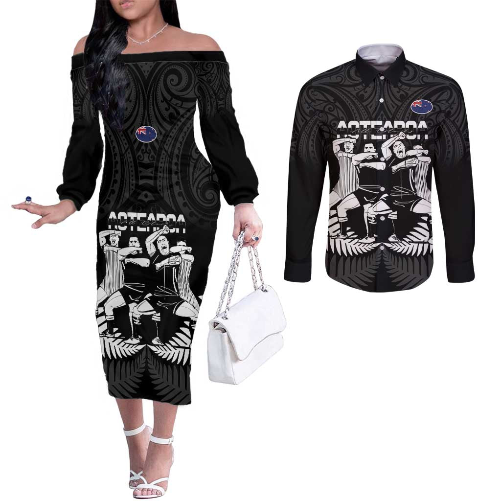 New Zealand Silver Fern Rugby Couples Matching Off The Shoulder Long Sleeve Dress and Long Sleeve Button Shirt Haka Dance With Aotearoa Maori Pattern