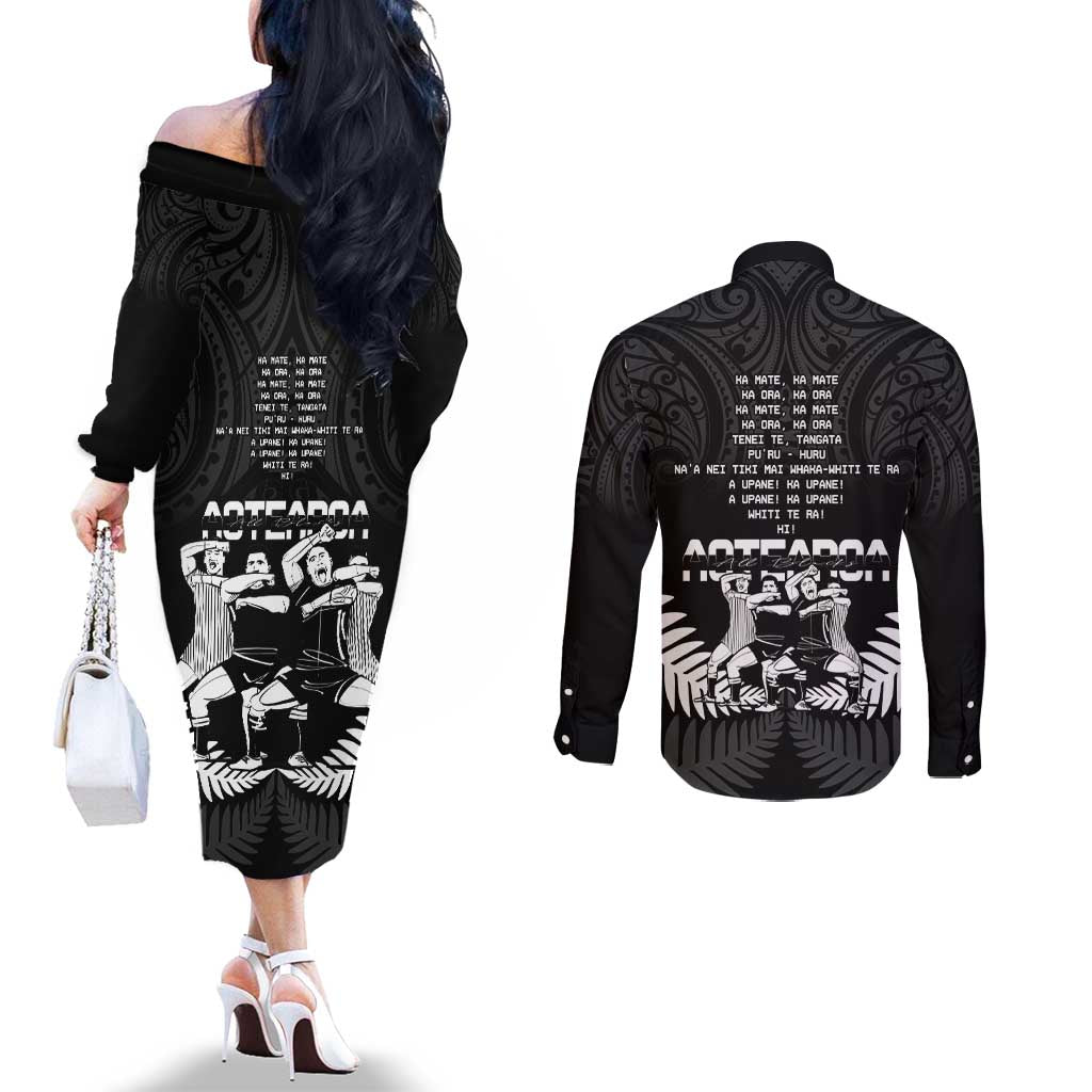 New Zealand Silver Fern Rugby Couples Matching Off The Shoulder Long Sleeve Dress and Long Sleeve Button Shirt Haka Dance With Aotearoa Maori Pattern