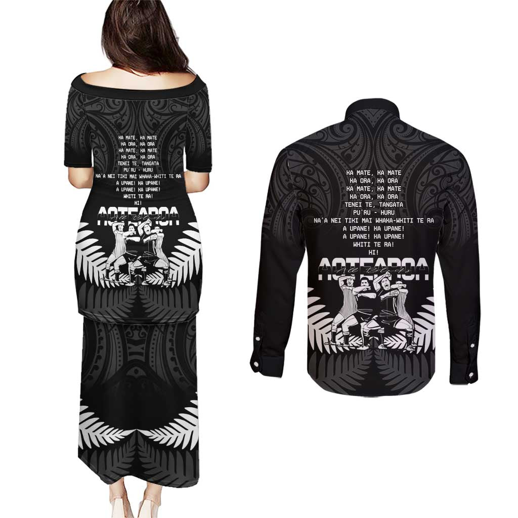 New Zealand Silver Fern Rugby Couples Matching Puletasi and Long Sleeve Button Shirt Haka Dance With Aotearoa Maori Pattern