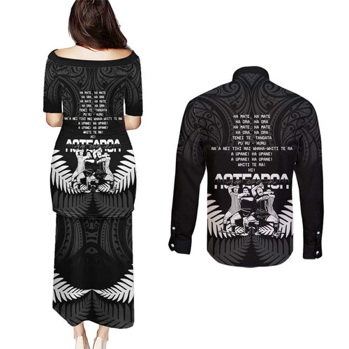 New Zealand Silver Fern Rugby Couples Matching Puletasi and Long Sleeve Button Shirt Haka Dance With Aotearoa Maori Pattern