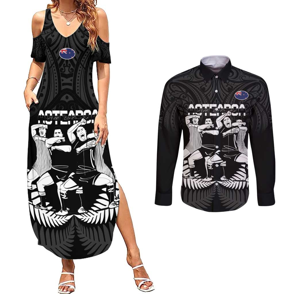 New Zealand Silver Fern Rugby Couples Matching Summer Maxi Dress and Long Sleeve Button Shirt Haka Dance With Aotearoa Maori Pattern