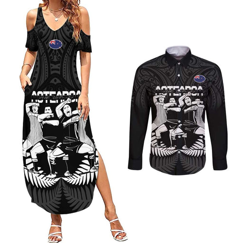 New Zealand Silver Fern Rugby Couples Matching Summer Maxi Dress and Long Sleeve Button Shirt Haka Dance With Aotearoa Maori Pattern