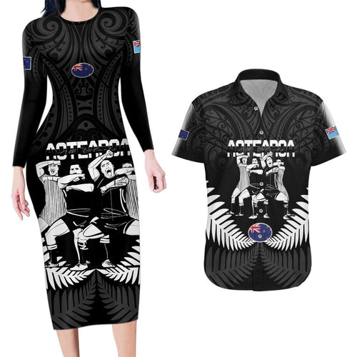 New Zealand And Fiji Tapa Rugby Couples Matching Long Sleeve Bodycon Dress and Hawaiian Shirt Haka Dance Mix Cibi Dance Together