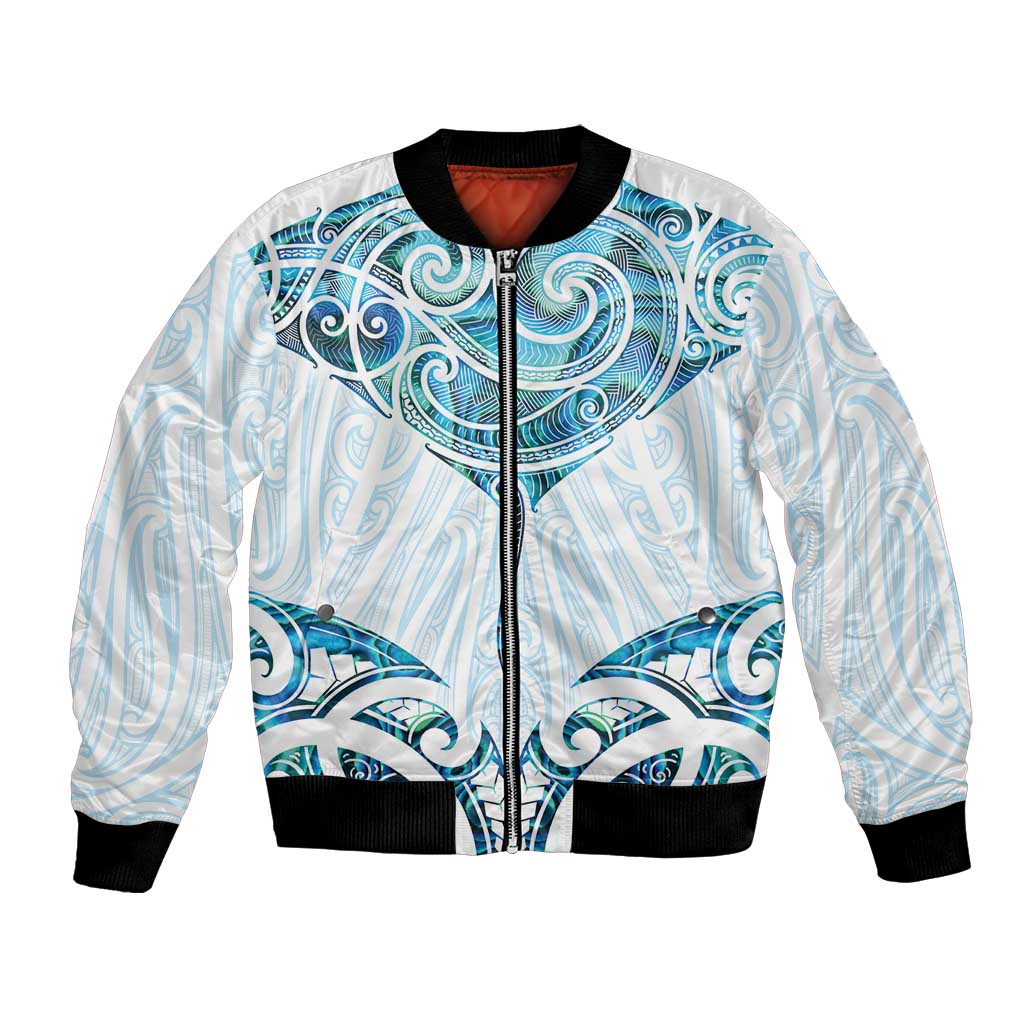 New Zealand Manta Ray Tattoo Bomber Jacket Aotearoa Maori Haehae Paua Shell - Aussie Hoodie