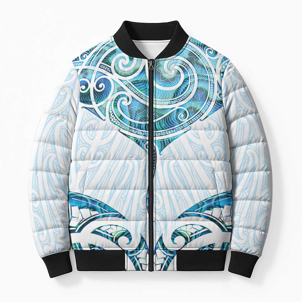 New Zealand Manta Ray Tattoo Bomber Puffer Jacket Aotearoa Maori Haehae Paua Shell - Aussie Hoodie
