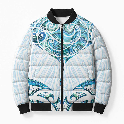New Zealand Manta Ray Tattoo Bomber Puffer Jacket Aotearoa Maori Haehae Paua Shell - Aussie Hoodie