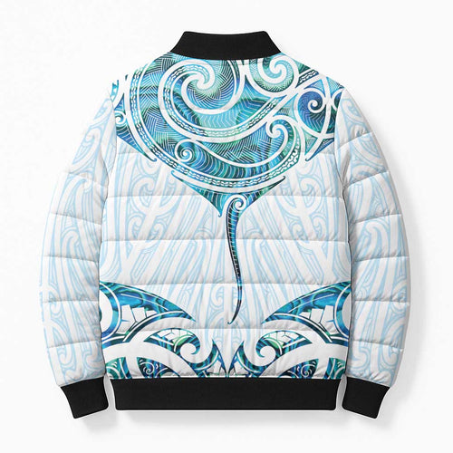 New Zealand Manta Ray Tattoo Bomber Puffer Jacket Aotearoa Maori Haehae Paua Shell - Aussie Hoodie