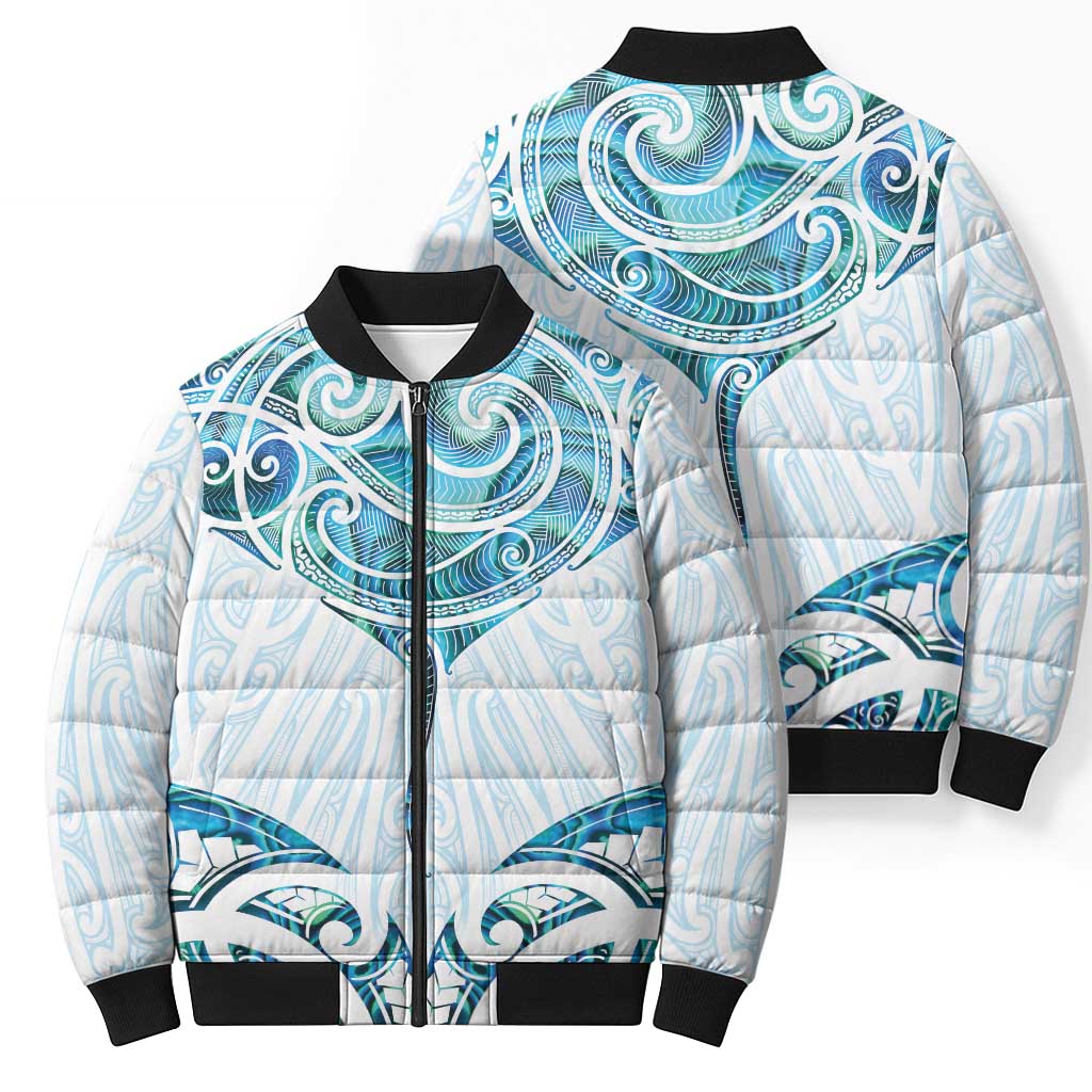 New Zealand Manta Ray Tattoo Bomber Puffer Jacket Aotearoa Maori Haehae Paua Shell - Aussie Hoodie
