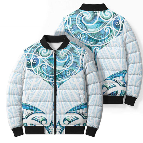 New Zealand Manta Ray Tattoo Bomber Puffer Jacket Aotearoa Maori Haehae Paua Shell - Aussie Hoodie