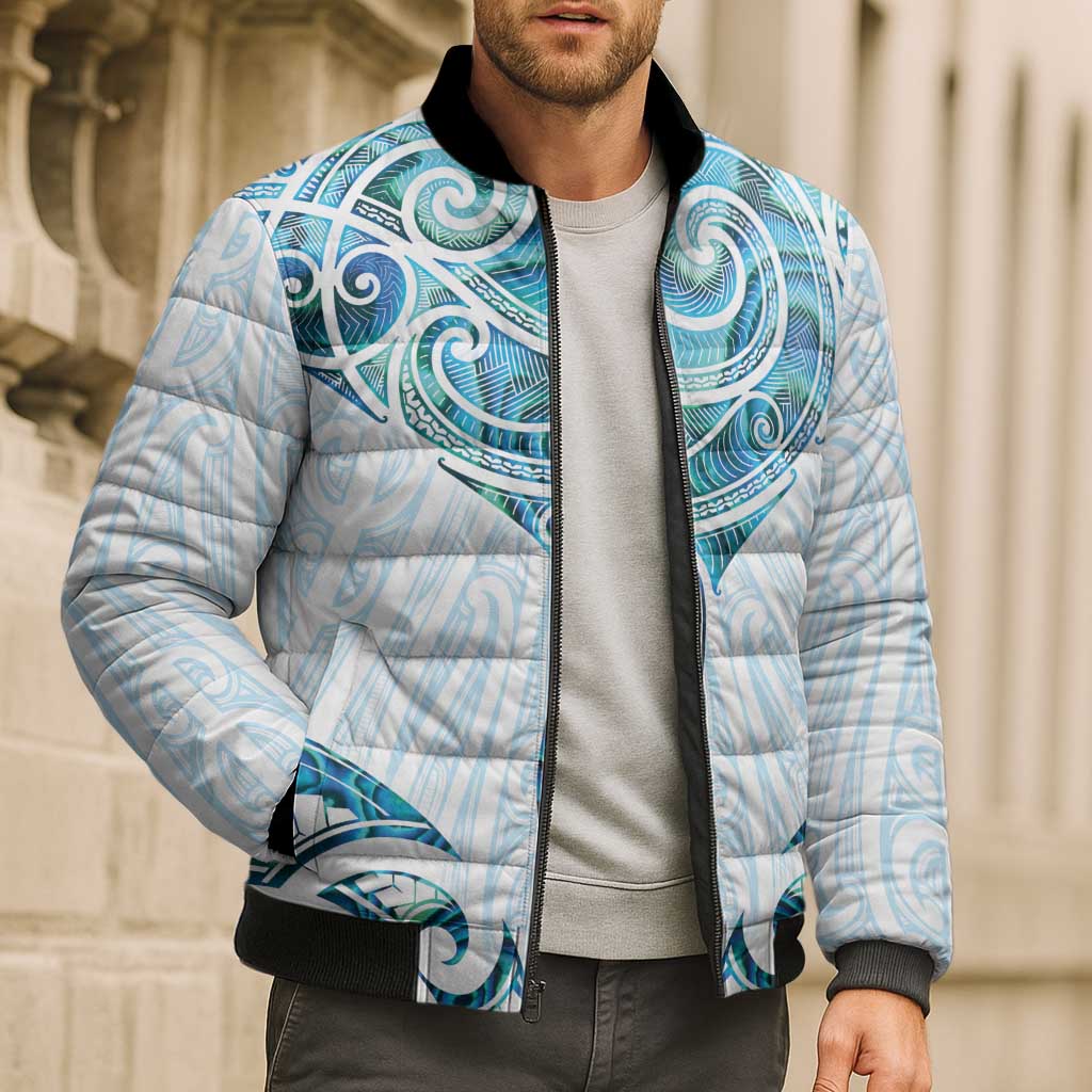 New Zealand Manta Ray Tattoo Bomber Puffer Jacket Aotearoa Maori Haehae Paua Shell - Aussie Hoodie