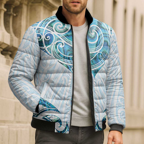New Zealand Manta Ray Tattoo Bomber Puffer Jacket Aotearoa Maori Haehae Paua Shell - Aussie Hoodie