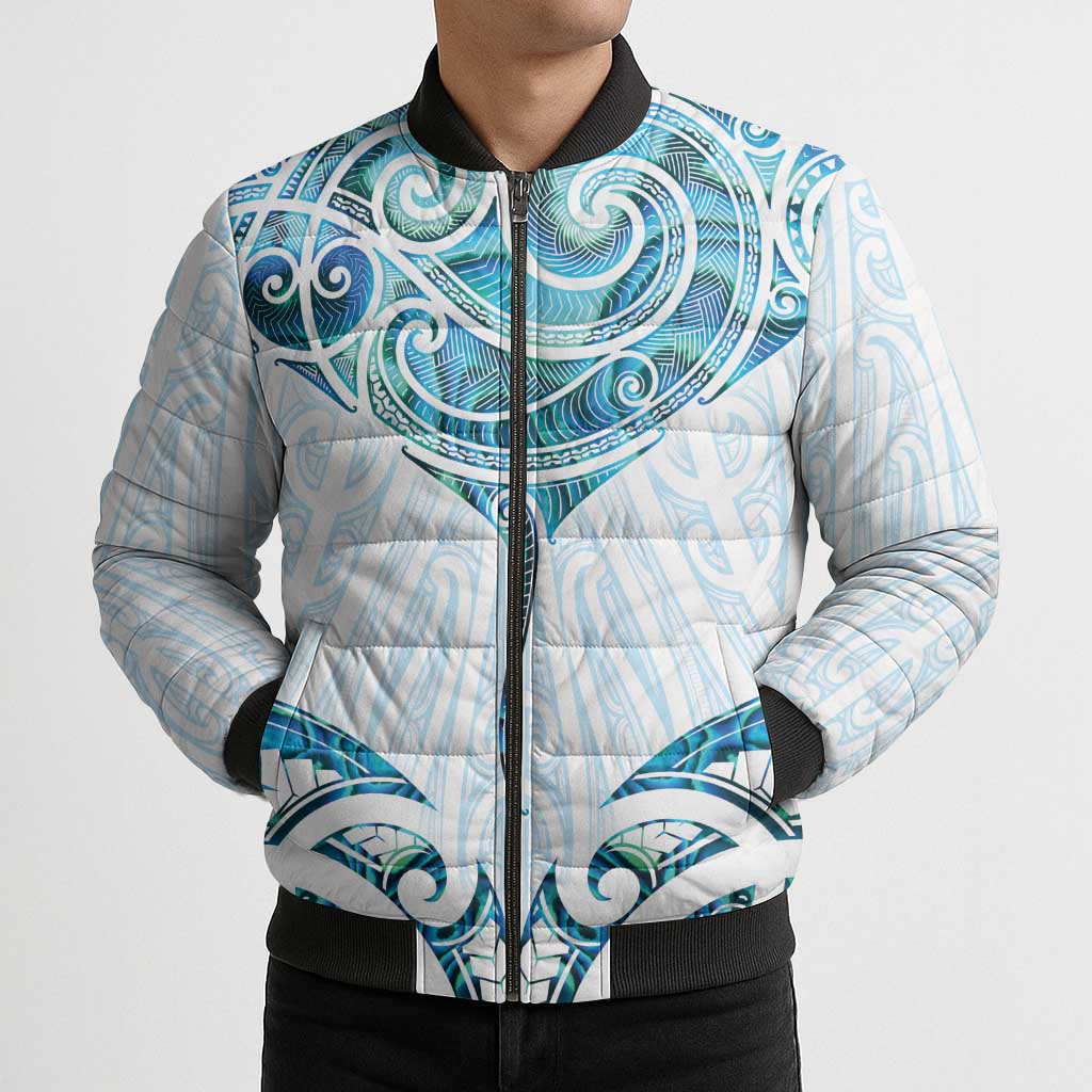 New Zealand Manta Ray Tattoo Bomber Puffer Jacket Aotearoa Maori Haehae Paua Shell - Aussie Hoodie