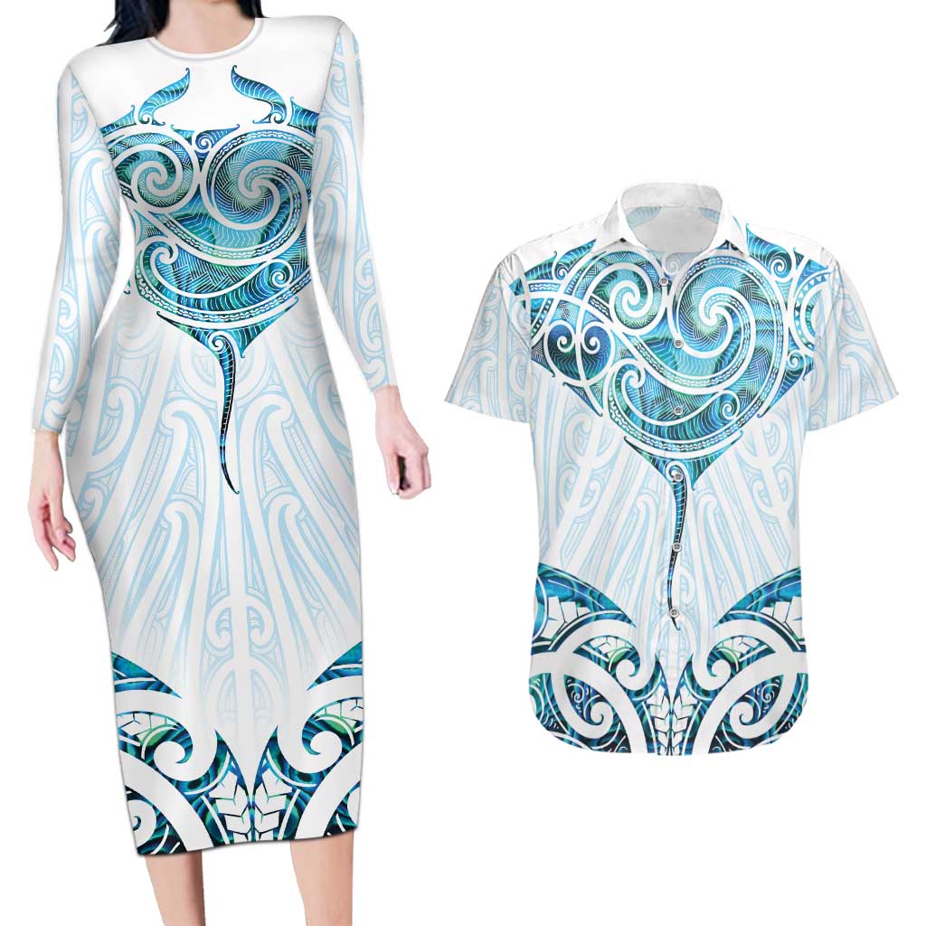 New Zealand Manta Ray Tattoo Couples Matching Long Sleeve Bodycon Dress and Hawaiian Shirt Aotearoa Maori Haehae Paua Shell - Aussie Hoodie