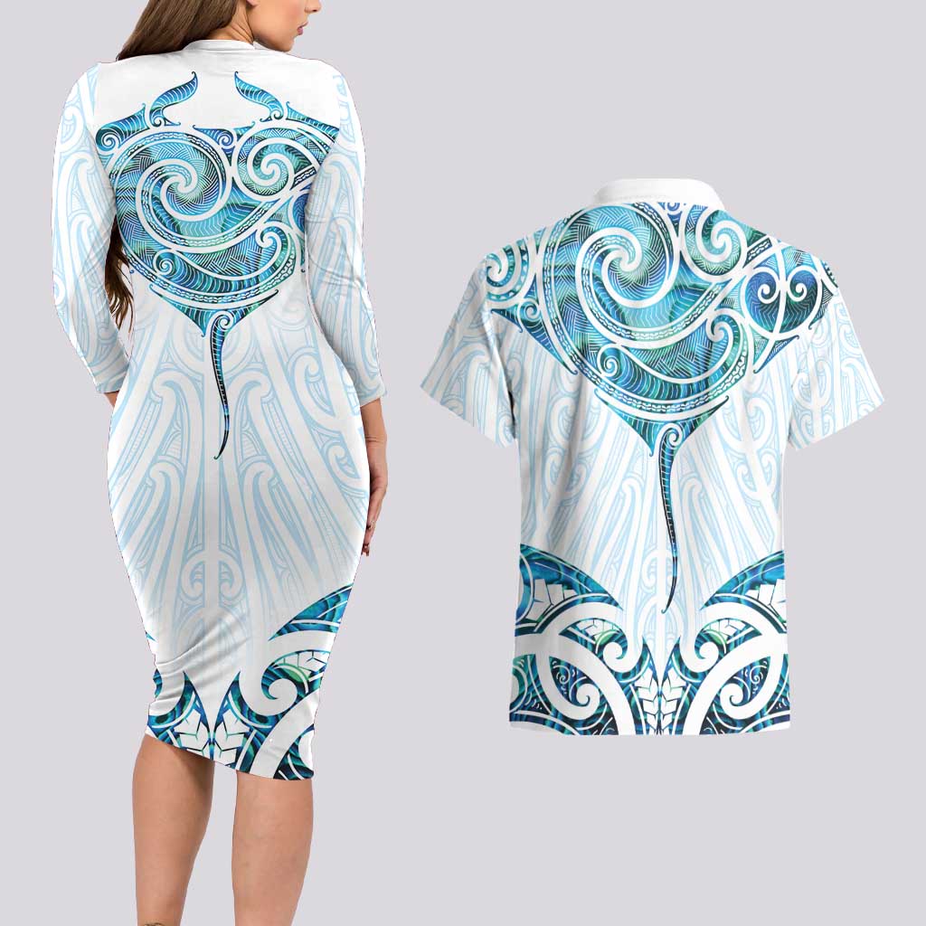 New Zealand Manta Ray Tattoo Couples Matching Long Sleeve Bodycon Dress and Hawaiian Shirt Aotearoa Maori Haehae Paua Shell - Aussie Hoodie