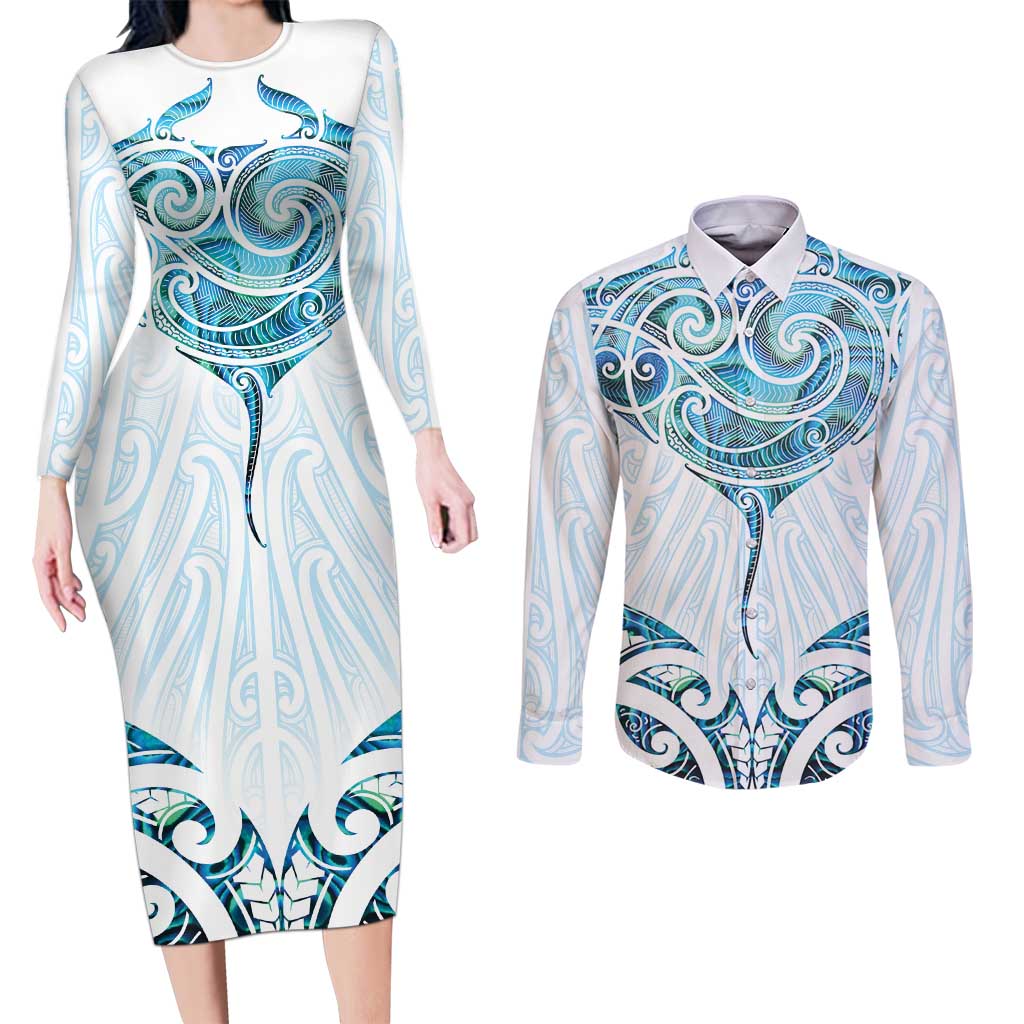 New Zealand Manta Ray Tattoo Couples Matching Long Sleeve Bodycon Dress and Long Sleeve Button Shirt Aotearoa Maori Haehae Paua Shell - Aussie Hoodie