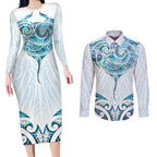 New Zealand Manta Ray Tattoo Couples Matching Long Sleeve Bodycon Dress and Long Sleeve Button Shirt Aotearoa Maori Haehae Paua Shell - Aussie Hoodie
