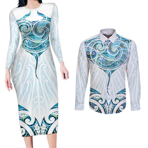 New Zealand Manta Ray Tattoo Couples Matching Long Sleeve Bodycon Dress and Long Sleeve Button Shirt Aotearoa Maori Haehae Paua Shell - Aussie Hoodie