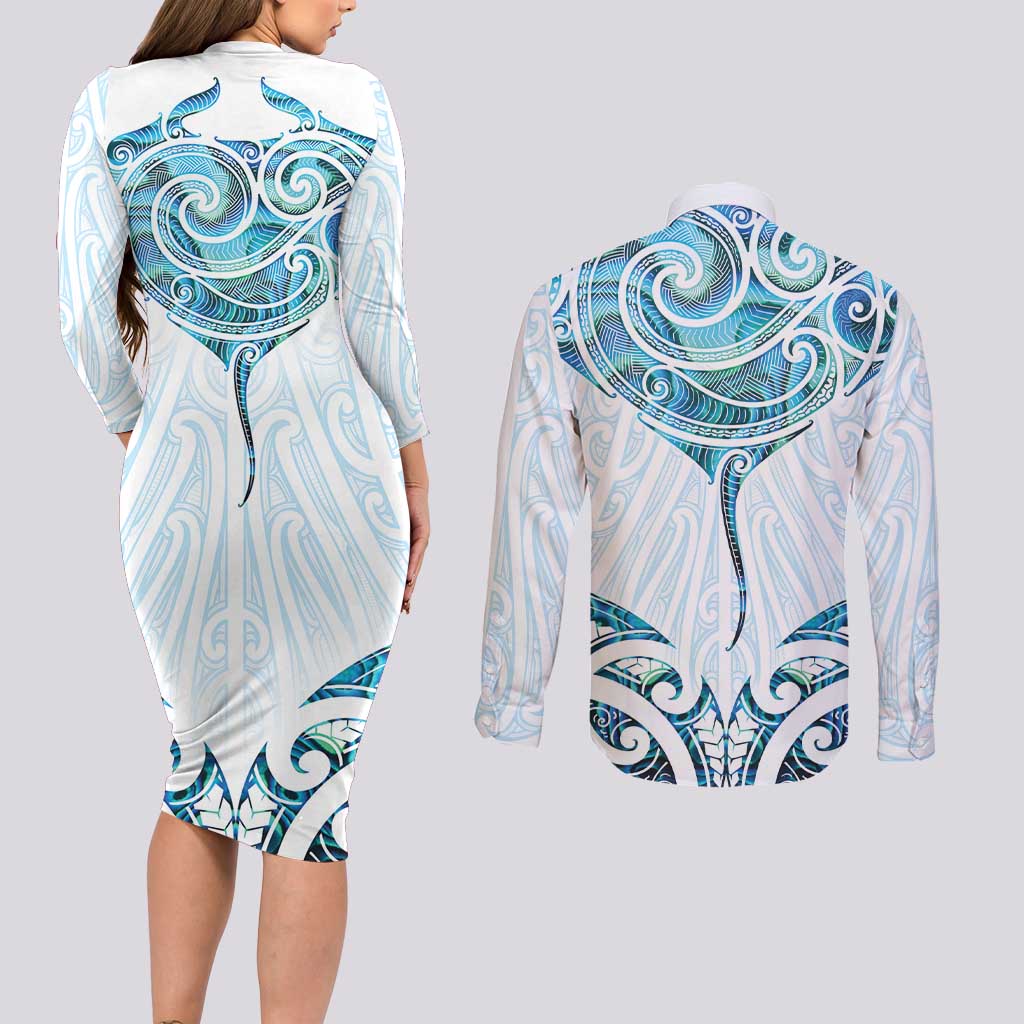 New Zealand Manta Ray Tattoo Couples Matching Long Sleeve Bodycon Dress and Long Sleeve Button Shirt Aotearoa Maori Haehae Paua Shell - Aussie Hoodie