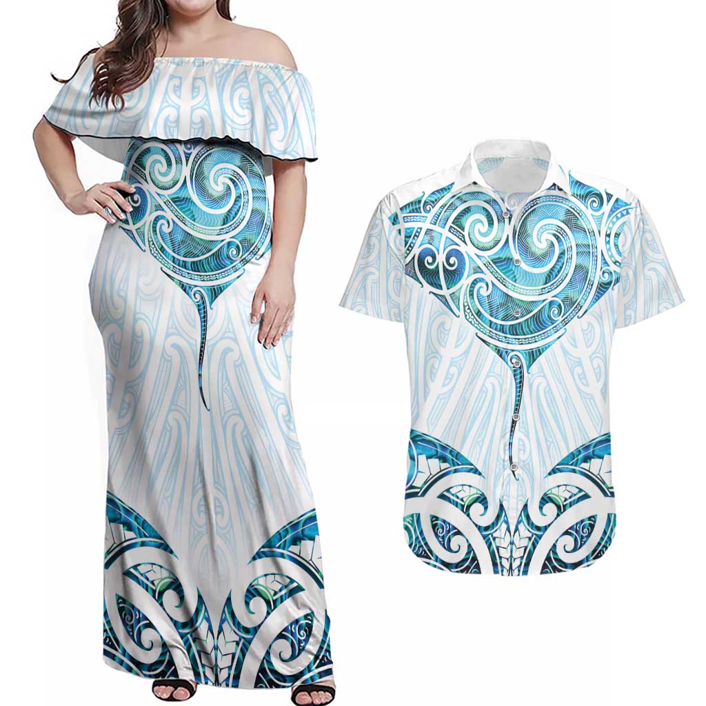 New Zealand Manta Ray Tattoo Couples Matching Off Shoulder Maxi Dress and Hawaiian Shirt Aotearoa Maori Haehae Paua Shell - Aussie Hoodie
