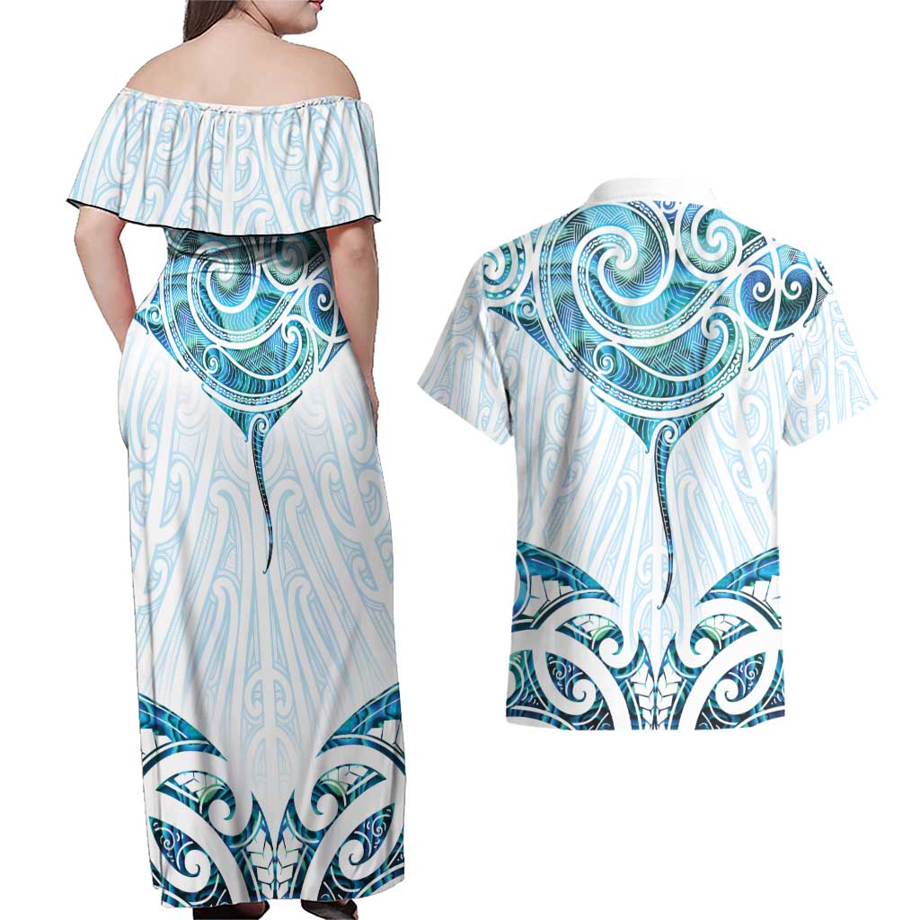 New Zealand Manta Ray Tattoo Couples Matching Off Shoulder Maxi Dress and Hawaiian Shirt Aotearoa Maori Haehae Paua Shell - Aussie Hoodie