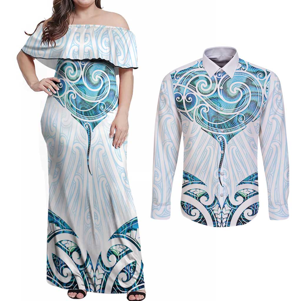 New Zealand Manta Ray Tattoo Couples Matching Off Shoulder Maxi Dress and Long Sleeve Button Shirt Aotearoa Maori Haehae Paua Shell - Aussie Hoodie