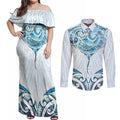 New Zealand Manta Ray Tattoo Couples Matching Off Shoulder Maxi Dress and Long Sleeve Button Shirt Aotearoa Maori Haehae Paua Shell - Aussie Hoodie