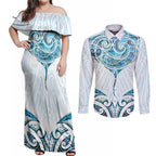 New Zealand Manta Ray Tattoo Couples Matching Off Shoulder Maxi Dress and Long Sleeve Button Shirt Aotearoa Maori Haehae Paua Shell - Aussie Hoodie