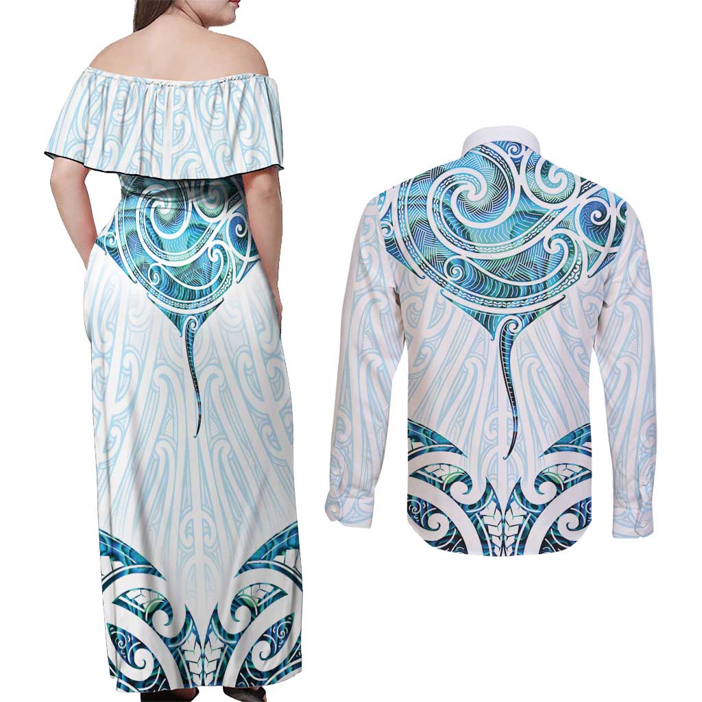 New Zealand Manta Ray Tattoo Couples Matching Off Shoulder Maxi Dress and Long Sleeve Button Shirt Aotearoa Maori Haehae Paua Shell - Aussie Hoodie
