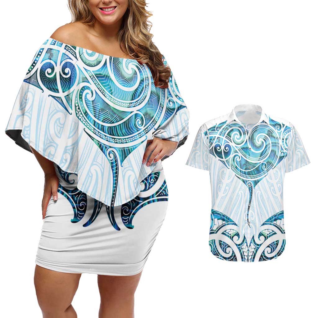 New Zealand Manta Ray Tattoo Couples Matching Off Shoulder Short Dress and Hawaiian Shirt Aotearoa Maori Haehae Paua Shell - Aussie Hoodie